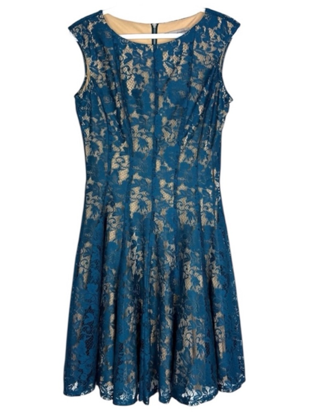 Danny & Nicole Teal Lace Fit Flare Dress Nude Lined Sleeveless Size 8